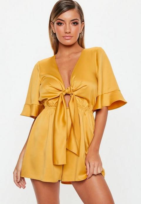 Mustard Satin Tie Front Kimono Sleeve Playsuit, Mustard