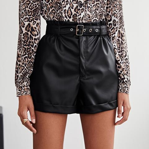 Rolled Hem Buckle Belted Pu Leather Shorts