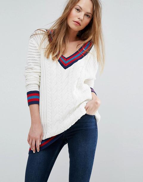 Tommy Hilfiger Denim - Maglione Stile Cricket Con Scollo A V - Bianco