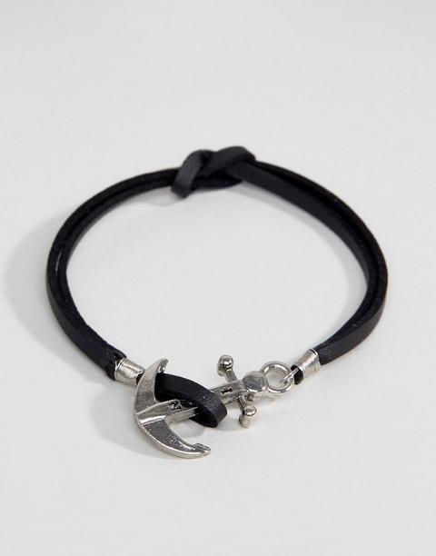 Icon Brand - Bracciale Nero In Pelle Con Ancora - Nero