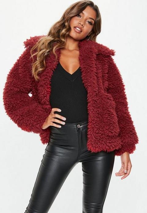 Tall Red Boxy Shaggy Borg Teddy Jacket, Red