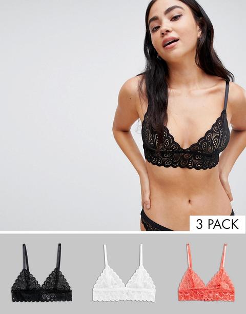 Asos Design - Confezione Da 3 Reggiseni A Triangolo Stile Brassière In Pizzo - Multicolore