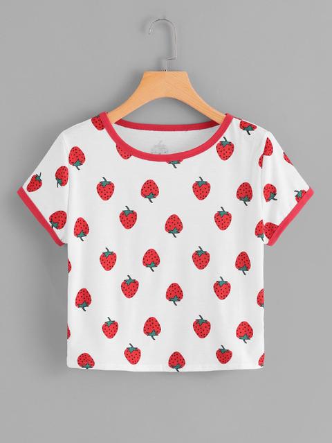 Strawberry Print Ringer Tee