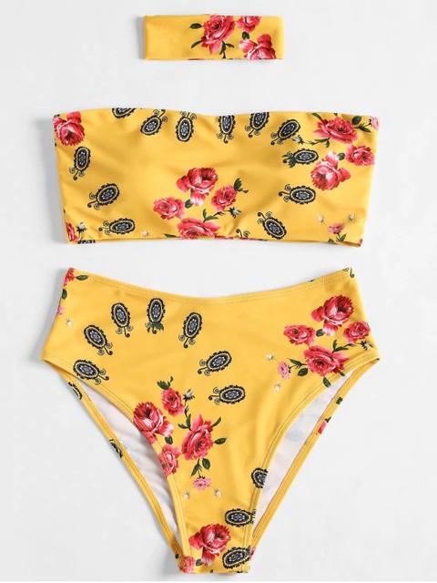 Bikini De Talle Alto Floral Con Bandeau Bright Yellow White