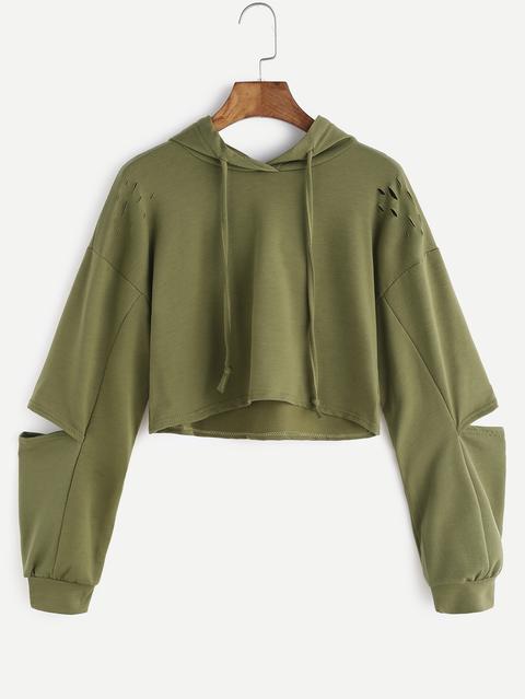 Army Green Felpa Con Cappuccio Crop Strappato