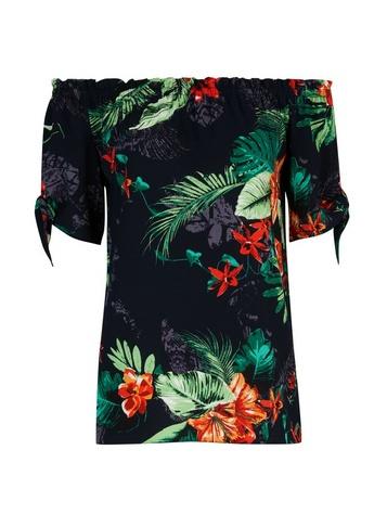 Womens Tropical Print Tie Sleeve Bardot Top- Multi Colour, Multi Colour