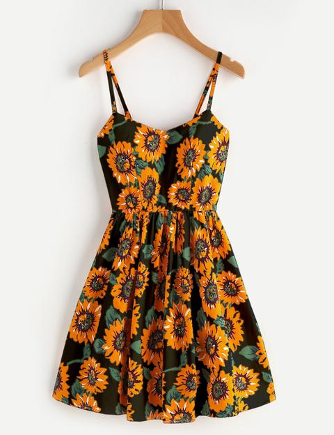 Sunflower Print Random Lace Up Back Cami Dress