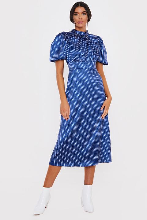 Navy Dresses - Lorna Luxe Navy 'gwen' Polka Dot Satin Puff Ball Sleeve Dress