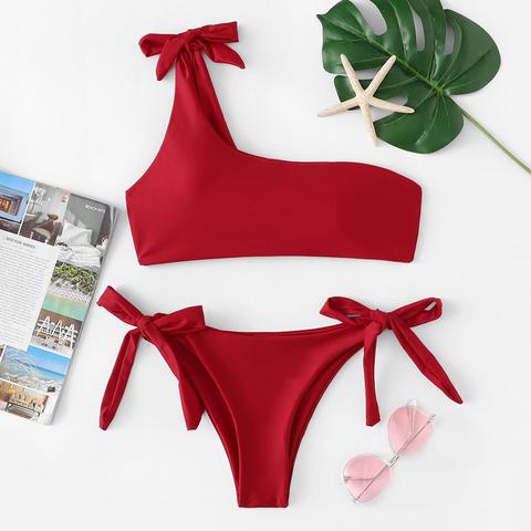 One Shoulder Top With Self Tie Side Bikini Set