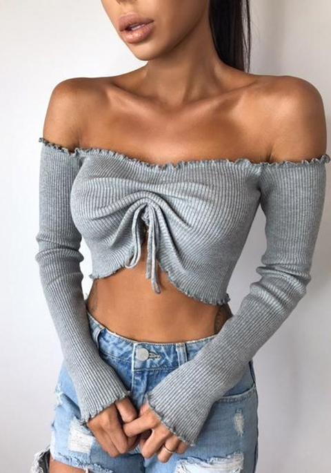 Camicetta Coulisse Manica Lunga Manica Lunga Moda Grigio