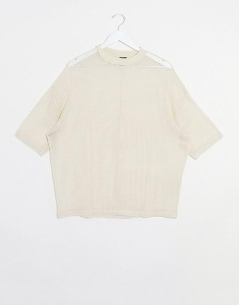 Asos Design Oversized T-shirt With Half Sleeve In Ecru Natural Mesh-white