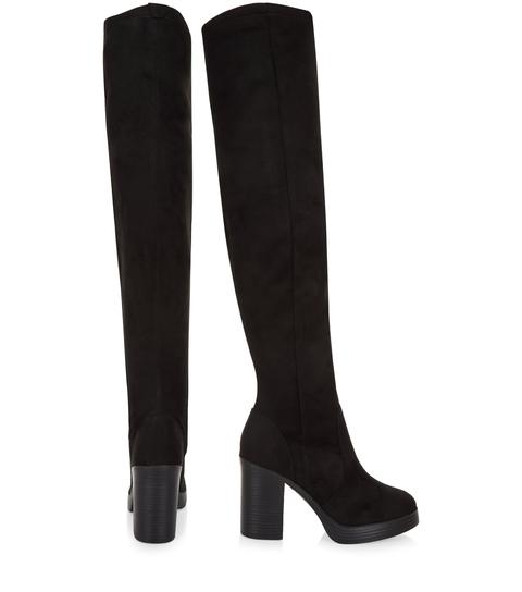 Black Suedette Block Heel Over The Knee Boots