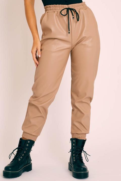 beige leather joggers