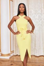 Eyelet Belted Halterneck Midi Dress In Lemon Yellow