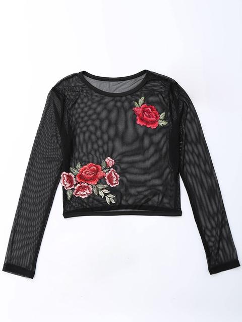 Mesh See Thru Rose Embroidered Crop Top