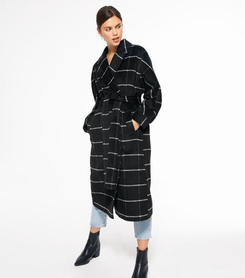 Black Check Belted Long Coat New Look