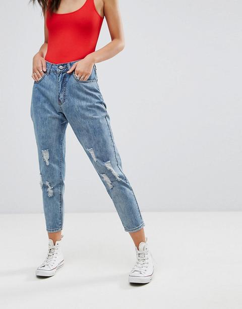 Boohoo - Mom Jeans Invecchiati - Blu