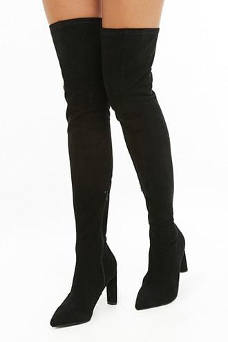 Faux Suede Thigh-high Sock Boots Black 
