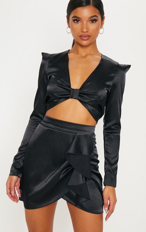 Black Satin Extreme Shoulder Twist Front Top