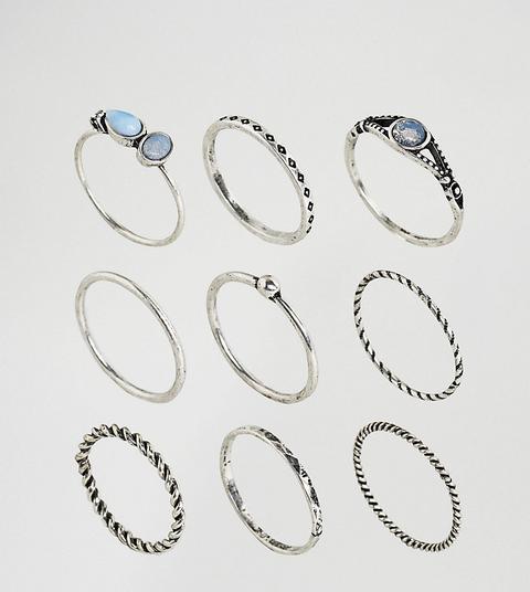 Asos Curve - Set Da 9 Anelli Ritorti Con Pietra Lunare - Argento