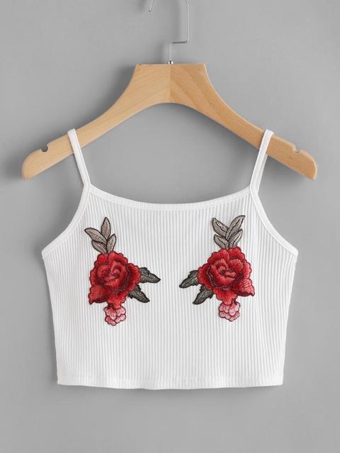 Top Camisole A Coste Con Applique Di Rosa