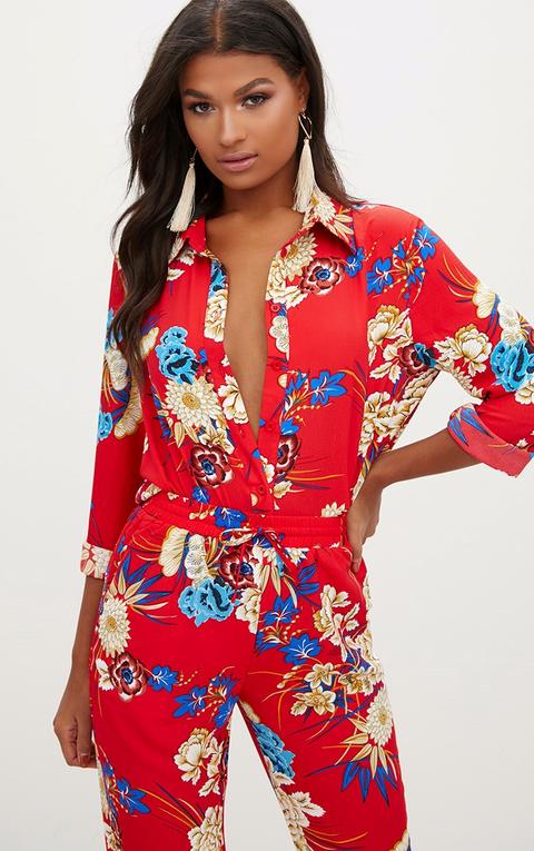 Red Oversized Printed Shirt, Red