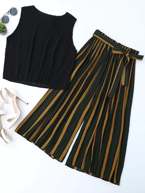 Top Pieghettato E Pantaloni A Righe A Blocchi Di Colore Yellow Black Blackish Green