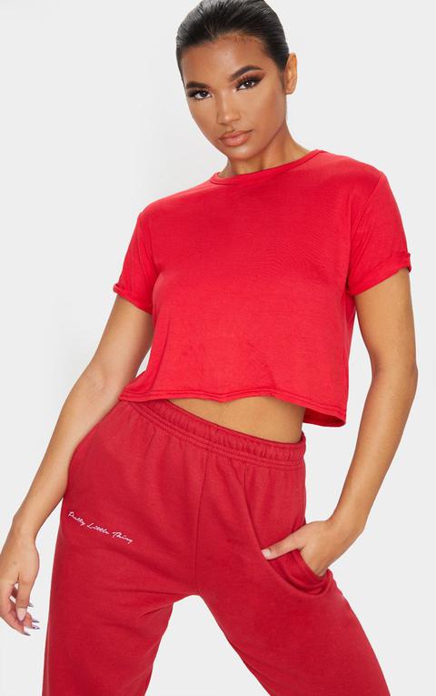 Basic Red Roll Sleeve Crop T Shirt