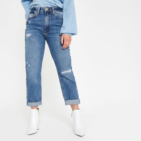 Petite Mittelblaue Straight Jeans Mit Fransensaum River