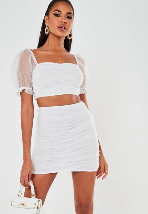 White Co Ord Tulle Ruched Puff Sleeve Crop Top, White