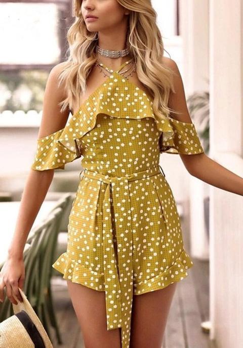 Pantaloncini Tuta A Pois Cinturini In Tessuto A Balze Giallo