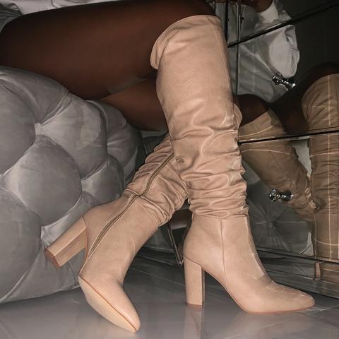 Kimona Dark Beige Snake Print Ruched Block Heel Knee Boots