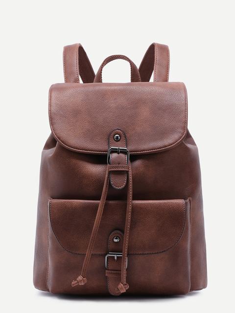 Brown Pu Buckle Strap Drawstring Flap Backpack