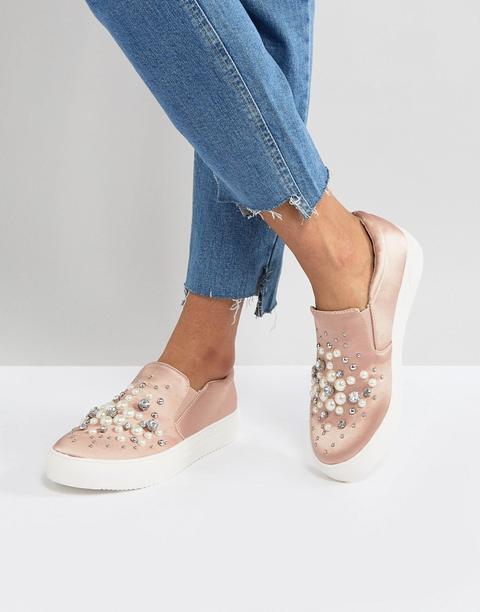 New Look - Sneakers Senza Lacci Satinate Con Perle - Rosa