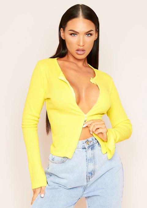 Elliana Lemon Yellow Ribbed Double Zip Top