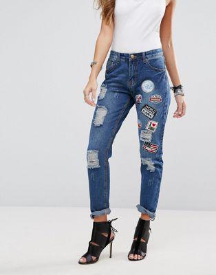 Boohoo - Mom Jeans Con Strappi E Applicazioni - Blu