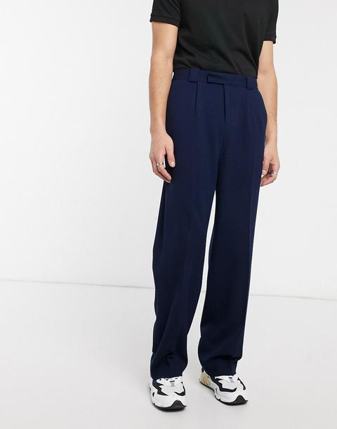 Asos Design Wide Leg Smart Trousers In Navy Seersucker