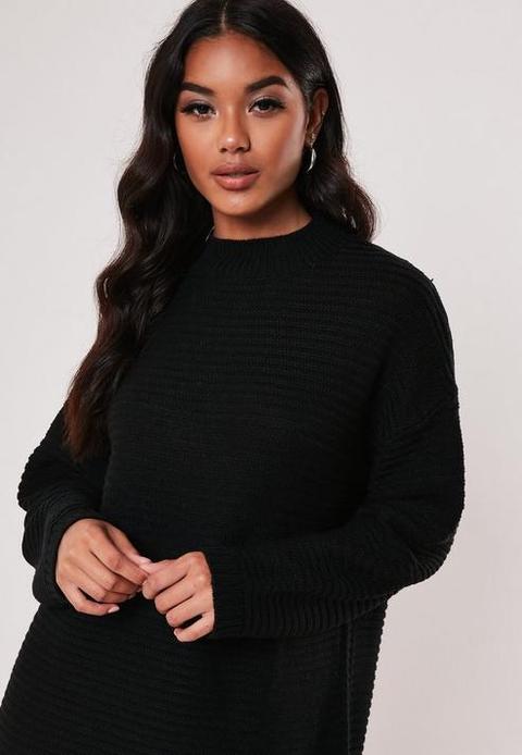 Black High Neck Oversized Ribbed Knitted Mini Dress, Black
