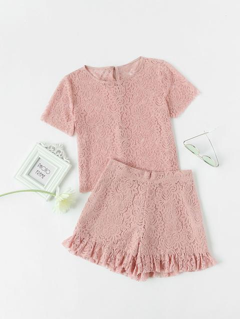 Self Tie Keyhole Back Lace Top With Frill Shorts