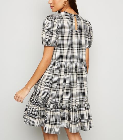 White Check Puff Sleeve Mini Smock Dress New Look