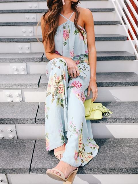 Boho Style Ruffled Strappy Wide Leg Floral Jumpsuit