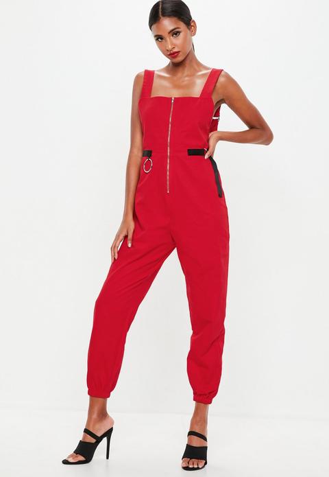 Red Utility Dungaree Jumpsuit, Red