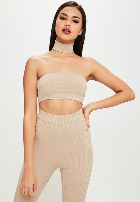 Carli Bybel X Missguided Nude Ribbed Bandeau Top, Stone