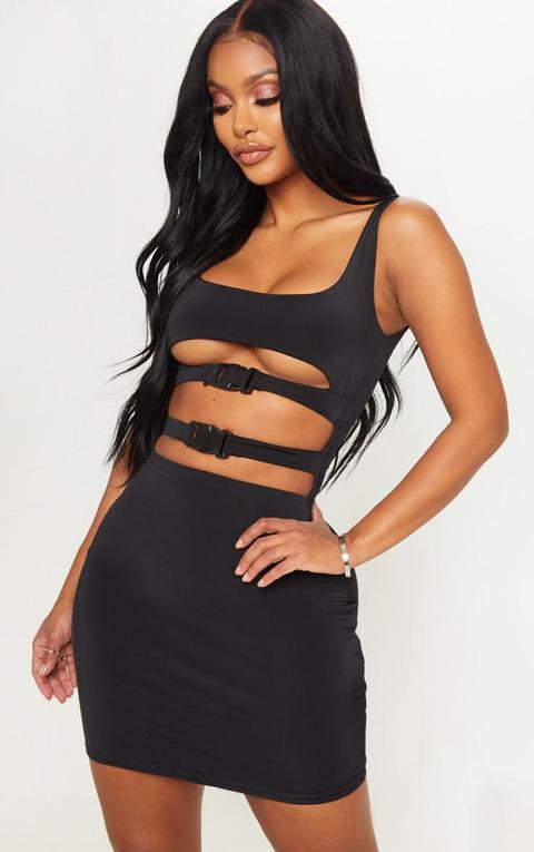 Shape Black Slinky Buckle Detail Cut Out Bodycon Dress