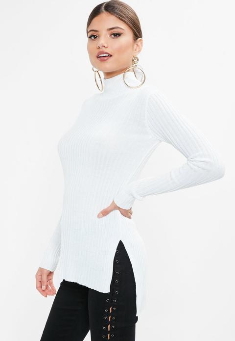 White High Neck Ribbed Top, White