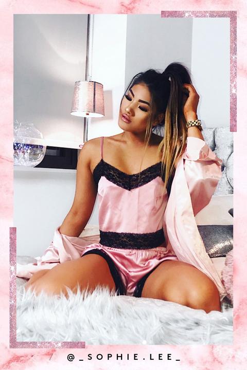 Destiny Pink Satin Lace Trim Cami Set