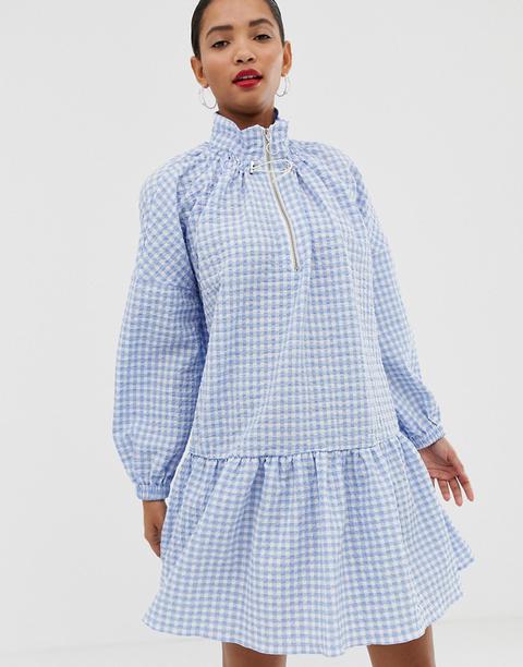 Asos White Drop Waist Gingham Smock Dress-multi