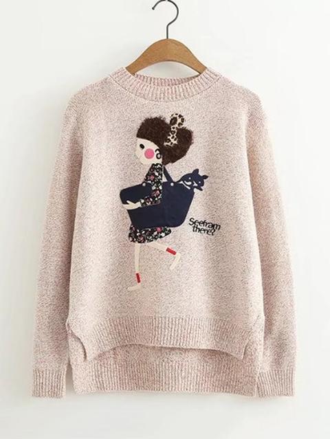 Girl Pattern Dip Hem Sweater