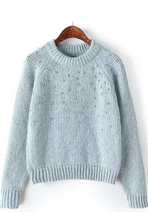 Pullover Strass Perline Azzurro