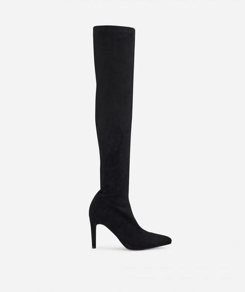 Bota Mosquetera Tacón Fino Ante/elástico Negro